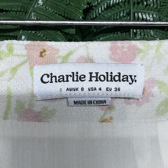 CHARLIE HOLIDAY Skirt Women 4 Cream Floral Print Midi Button‎ Accent 2488 - Picture 4 of 9